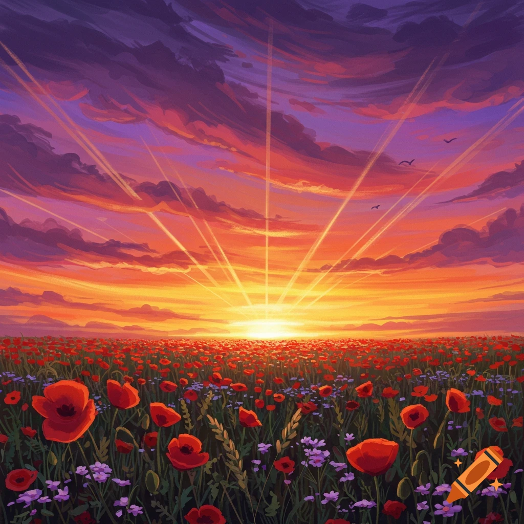 A vast field of red poppies under a dramatic sunset with radiating light rays.