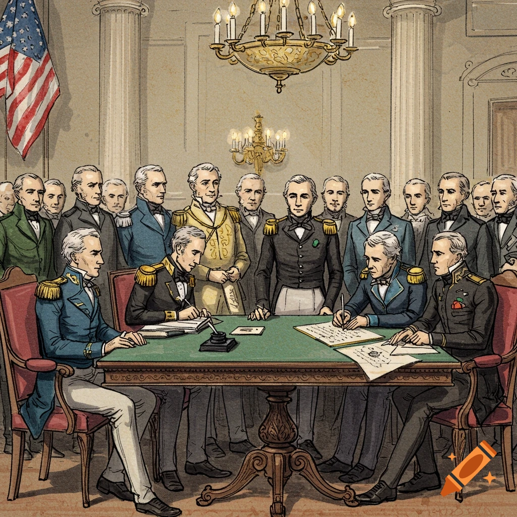 Illustration of men in historical attire signing a treaty at a table.