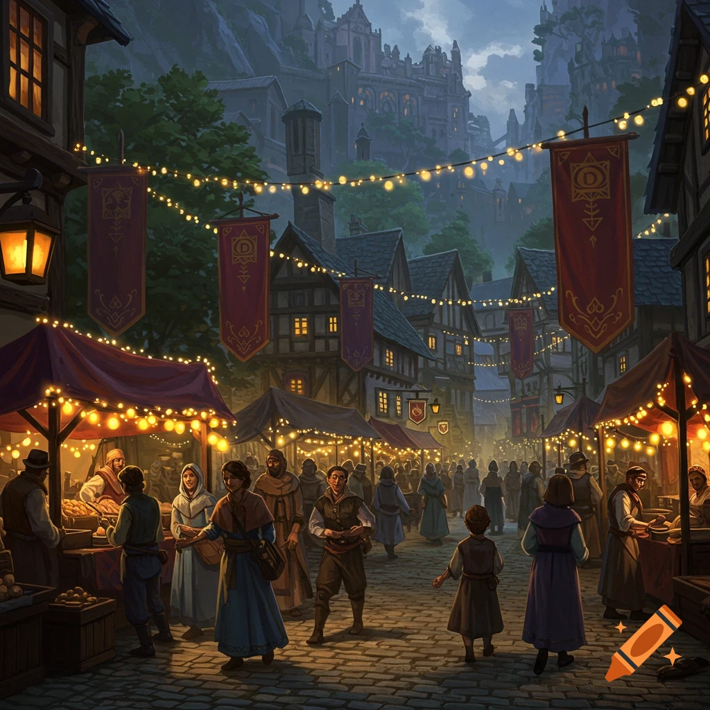 A fantasy town market at night with glowing lights and bustling villagers.