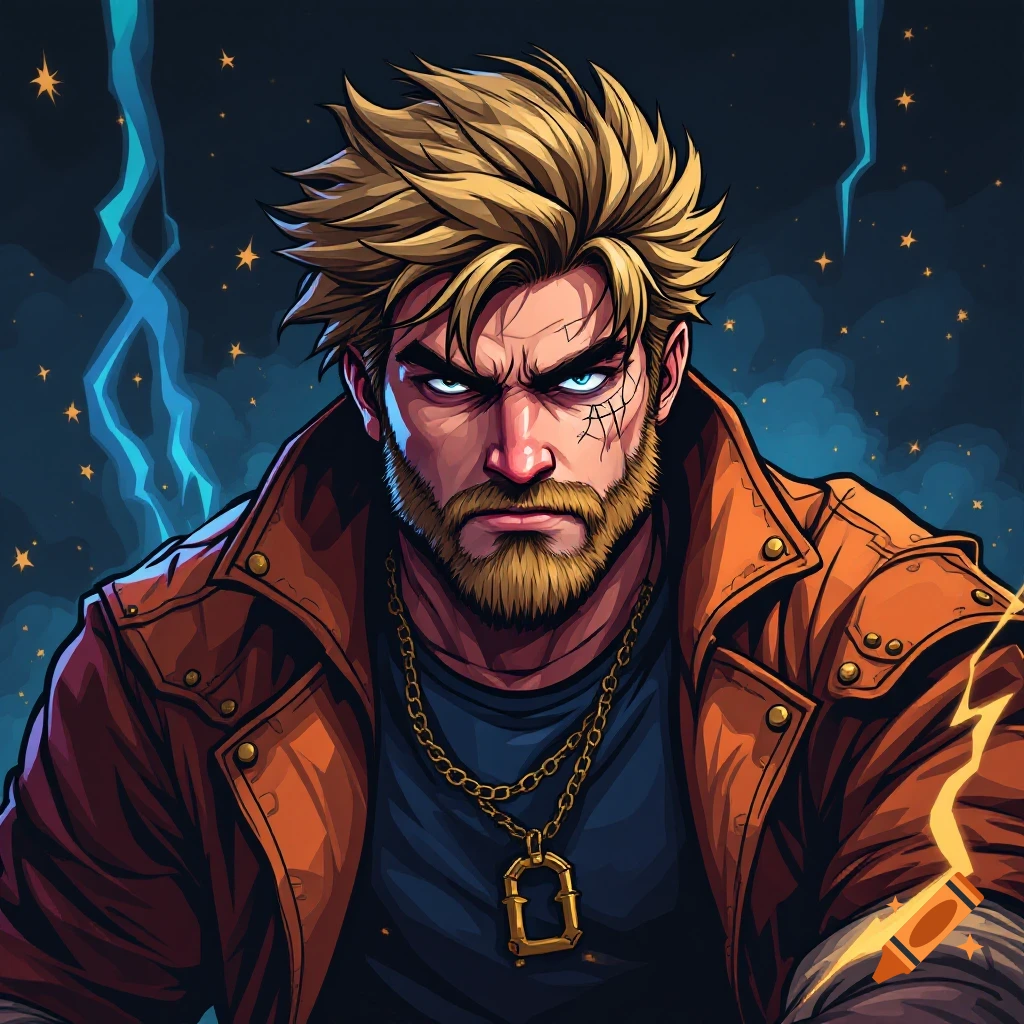 Anime style portrait of a man with blond spiky hair, a beard, and glowing eyes, wearing an orange leather jacket, with lightning behind him.