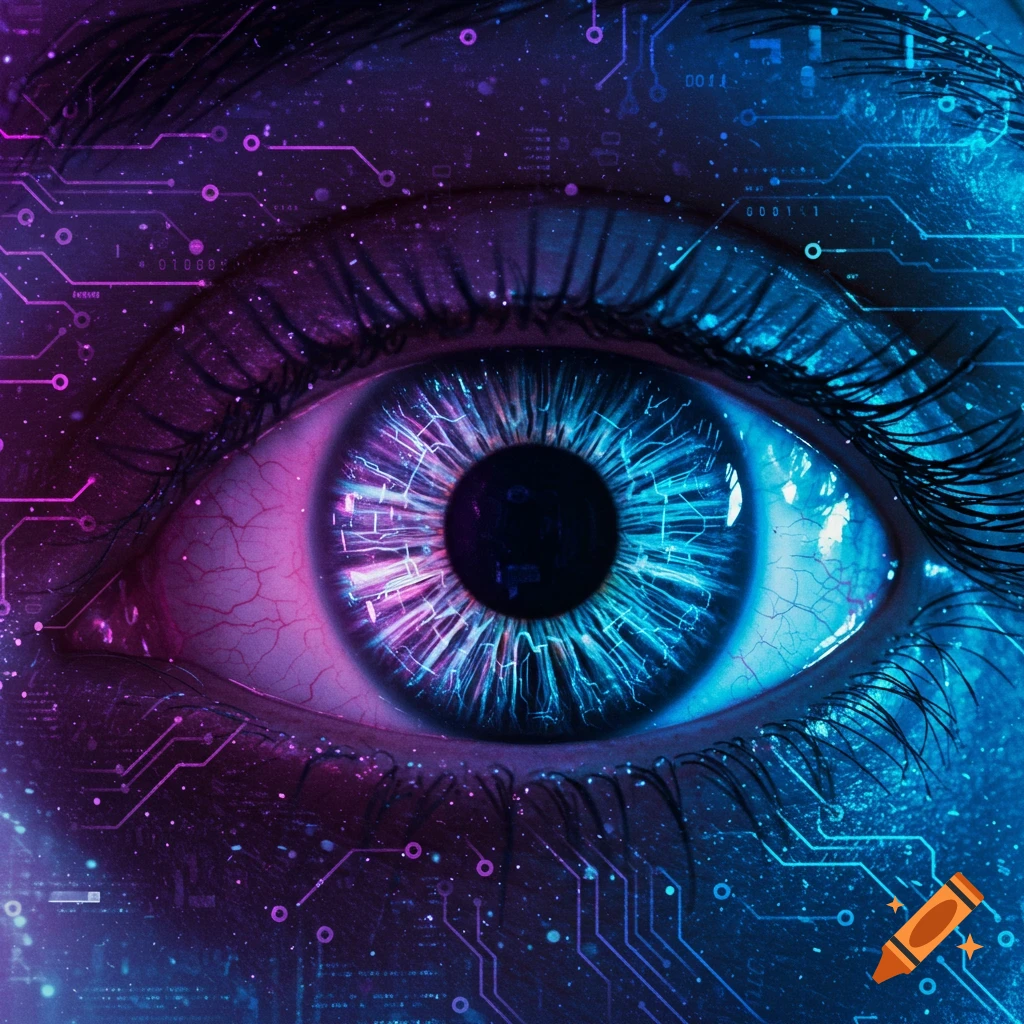 Close-up of a digital eye with circuit patterns in blue and purple.