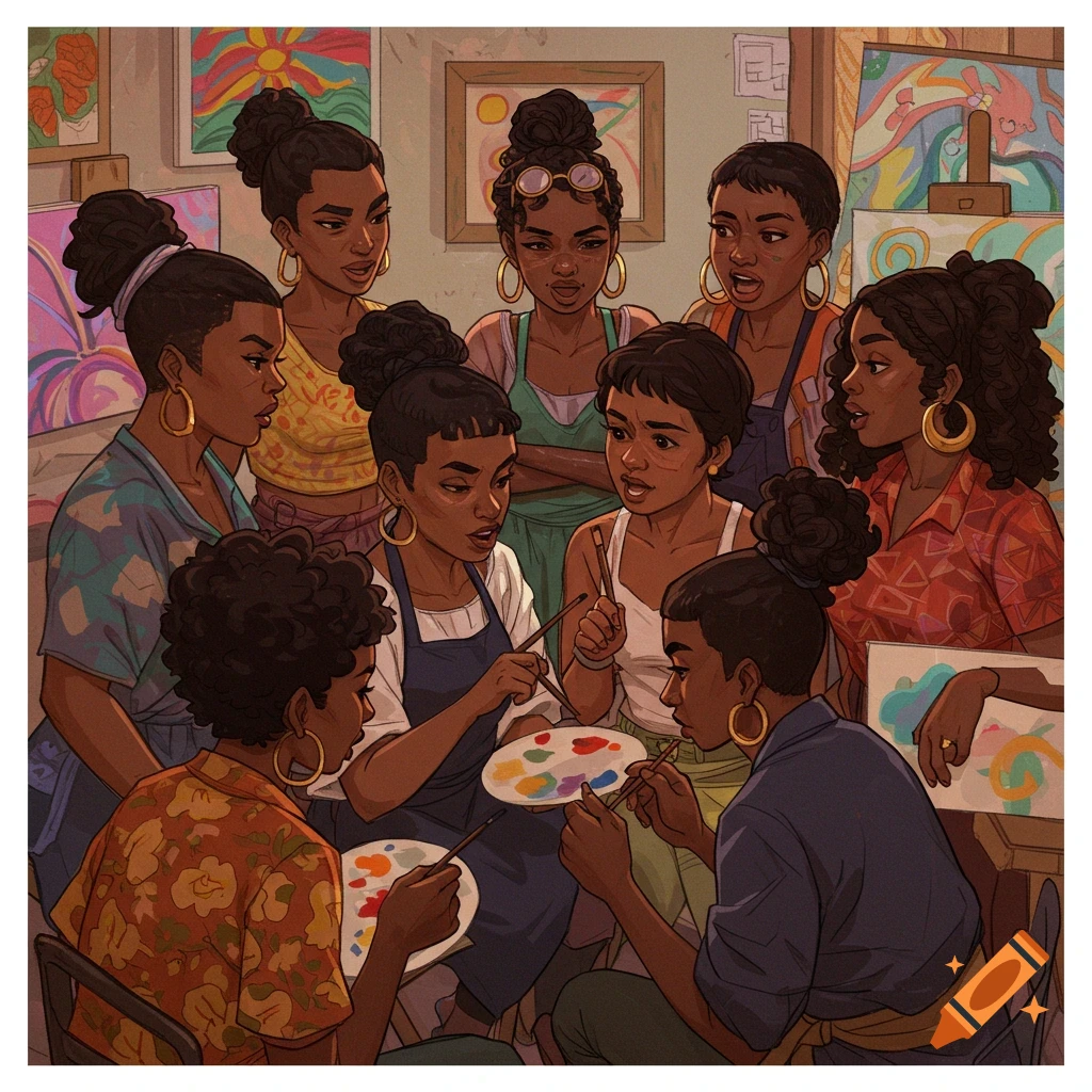 Several Black women are in an art studio painting and talking, surrounded by canvases.