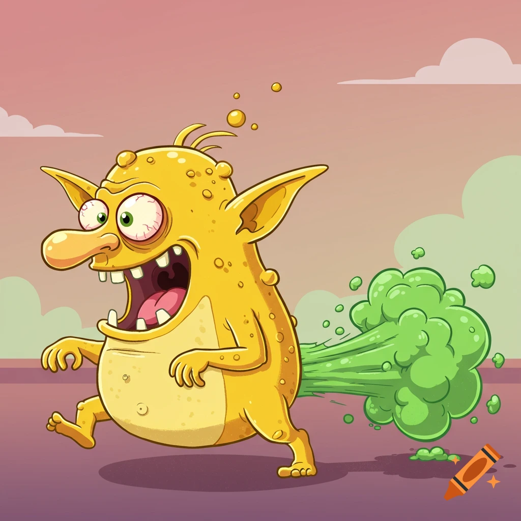 A cartoon yellow monster runs while farting green gas.