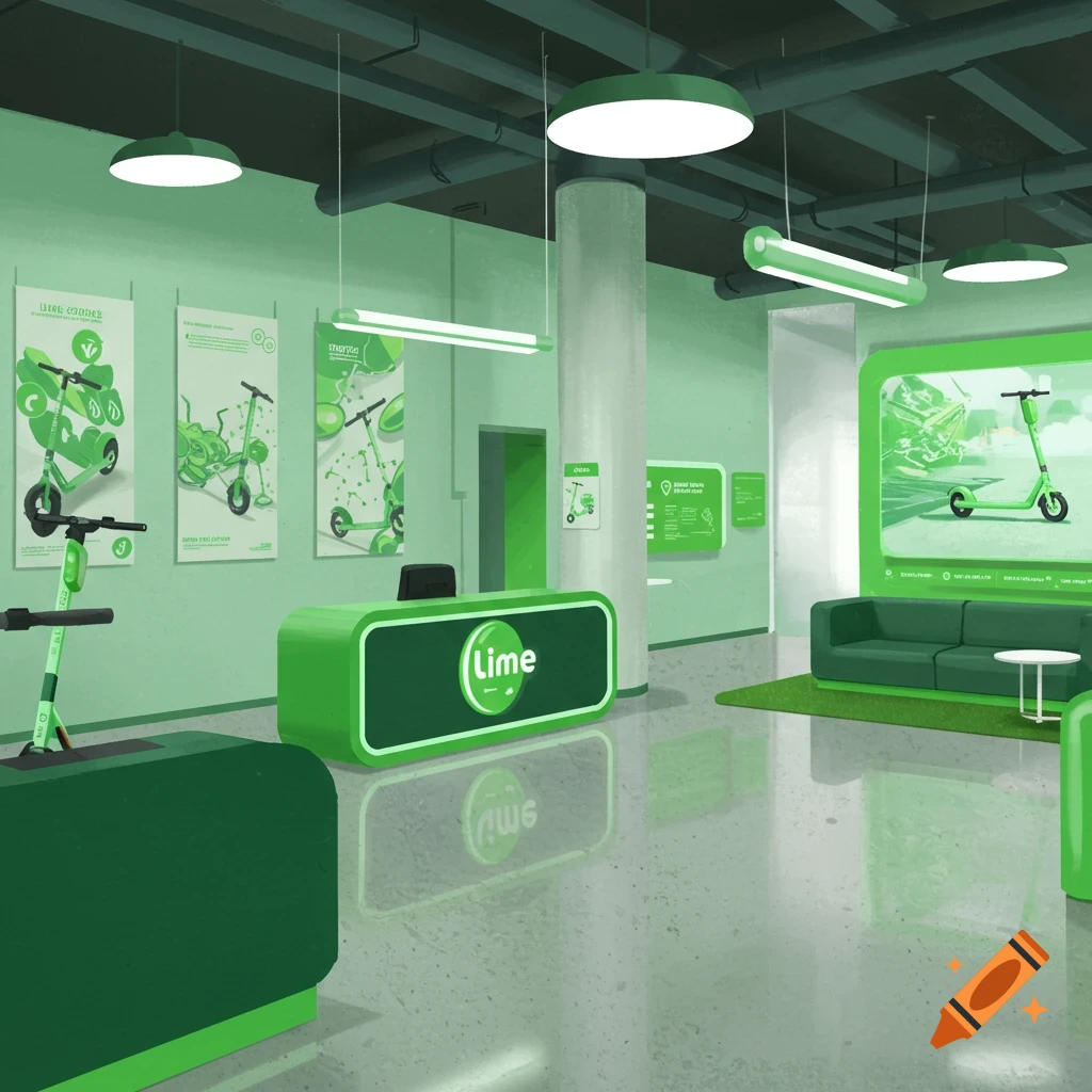 A green reception area for a Lime electric scooter company, with scooters on display and posters on the wall.