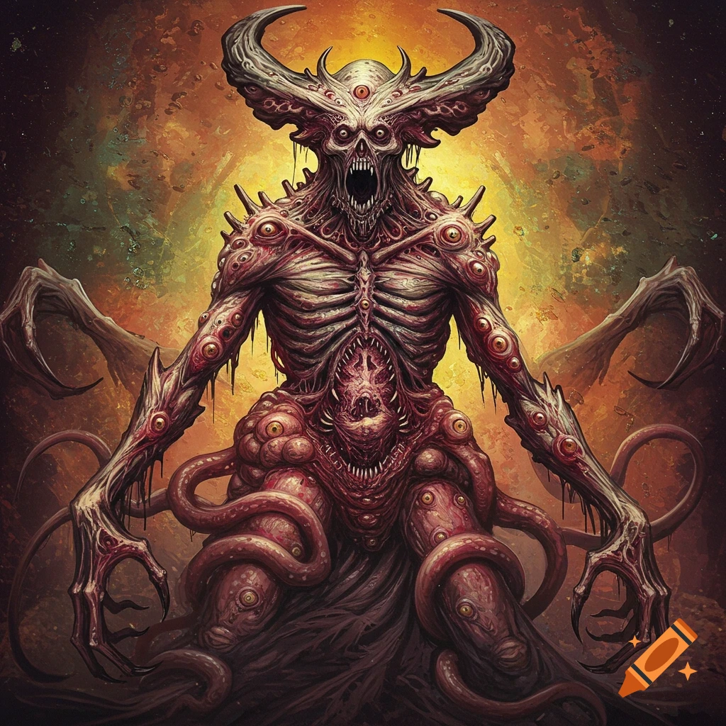 A horrific monster with horns, multiple eyes, exposed ribcage, and tentacles in a fiery setting.