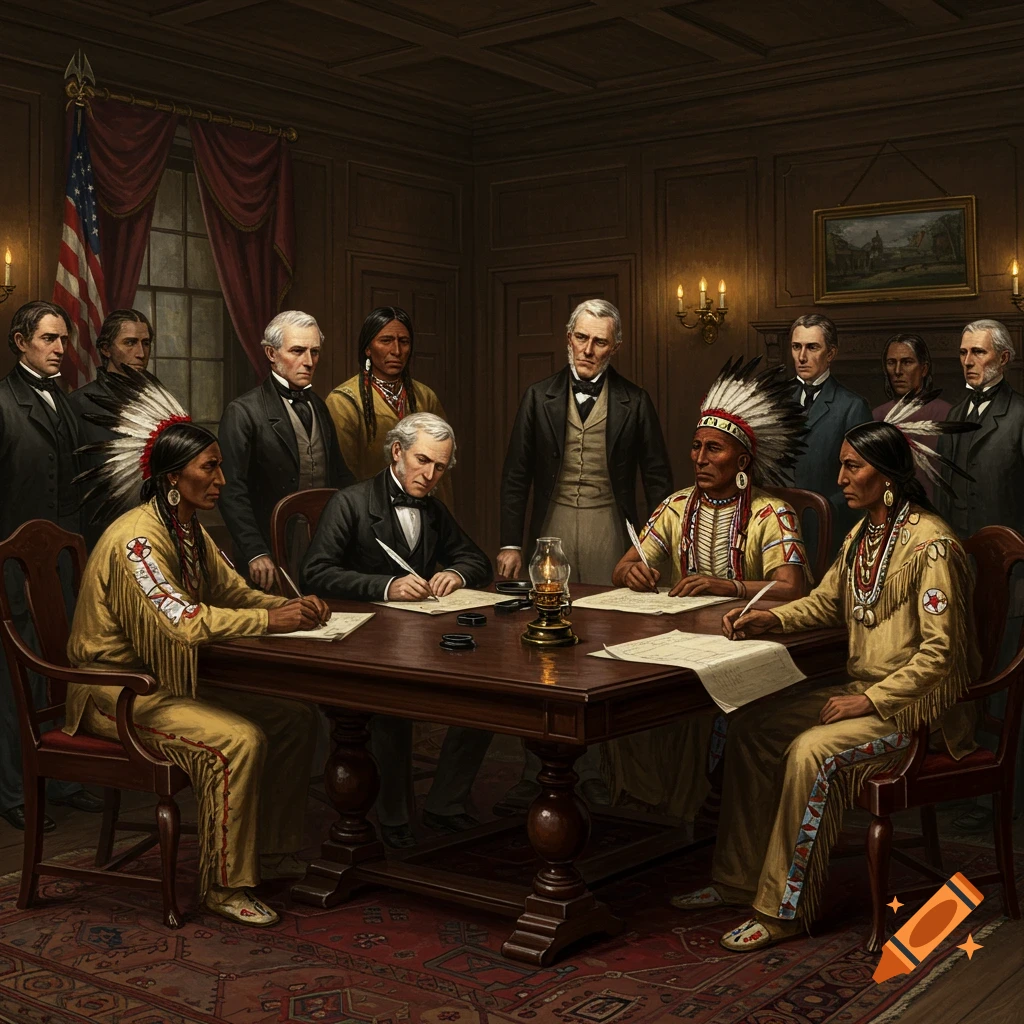 US officials and Native American leaders signing documents at a table in a room, painting style.
