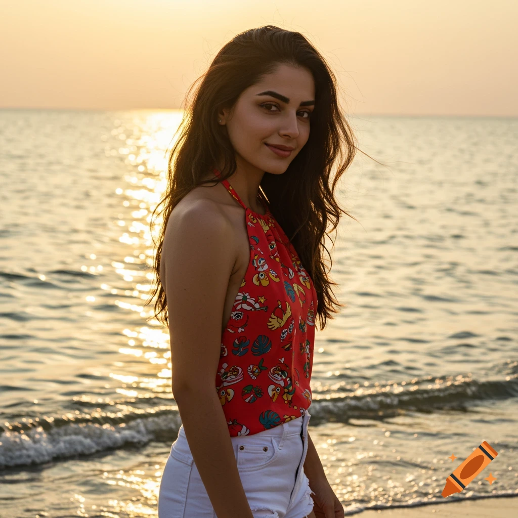 Woman stands on beach at sunset.