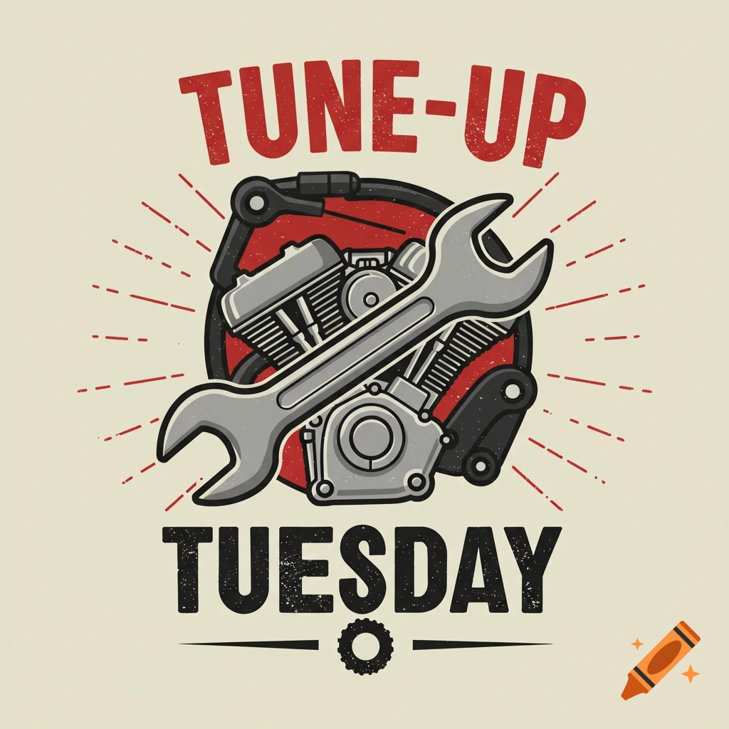 Logo featuring a motorcycle engine, a large wrench, and the text "Tune-up Tuesday" in a vintage illustration style.