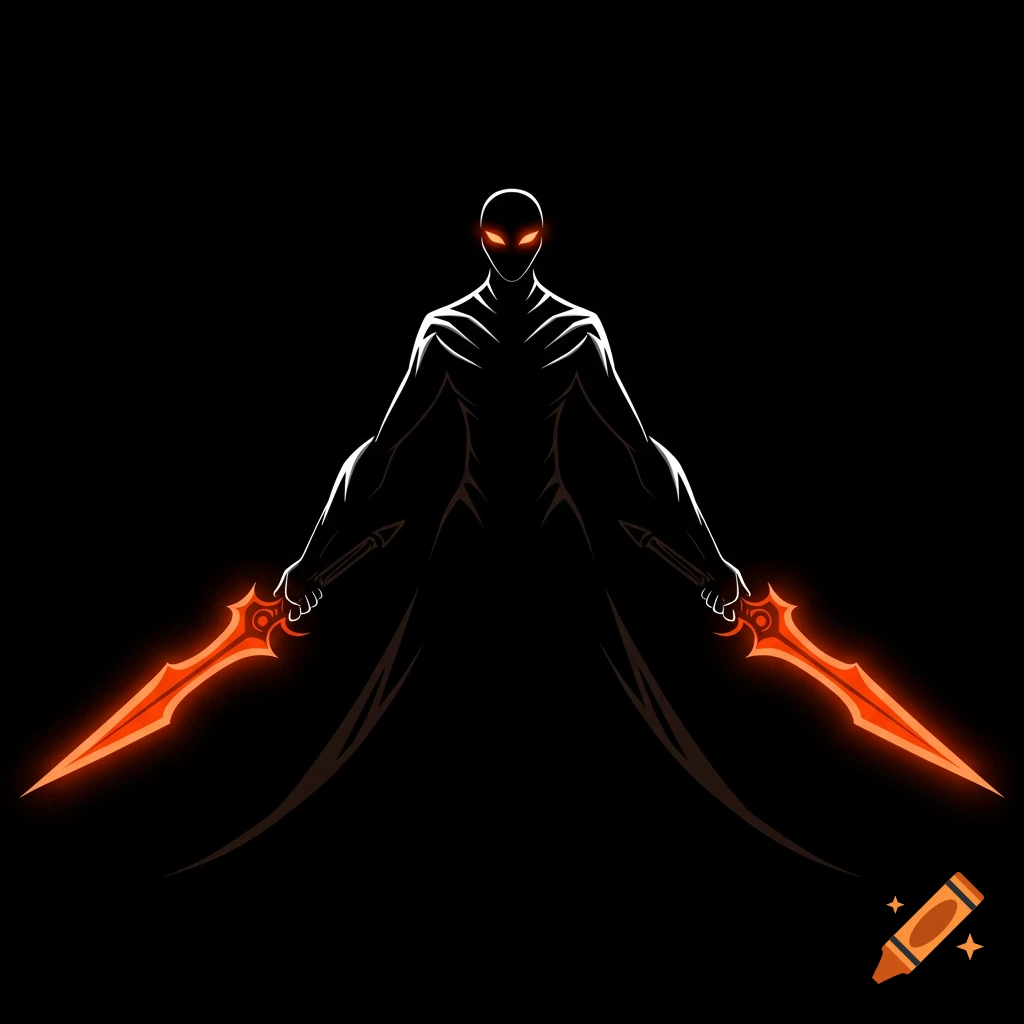 Vector graphic of a dark figure with glowing orange eyes holding glowing swords.