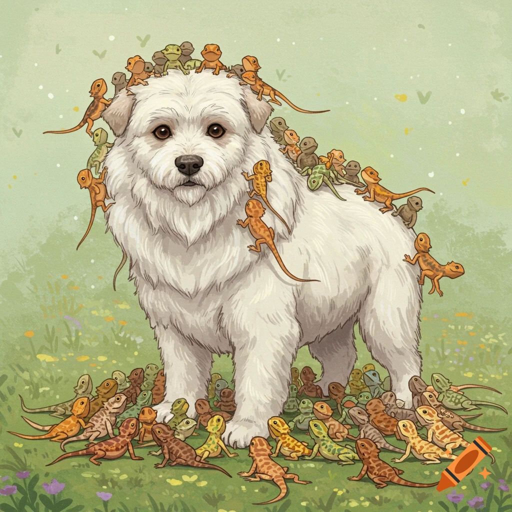 A white fluffy dog is covered in and surrounded by dozens of small lizards in a grassy field, digital art.