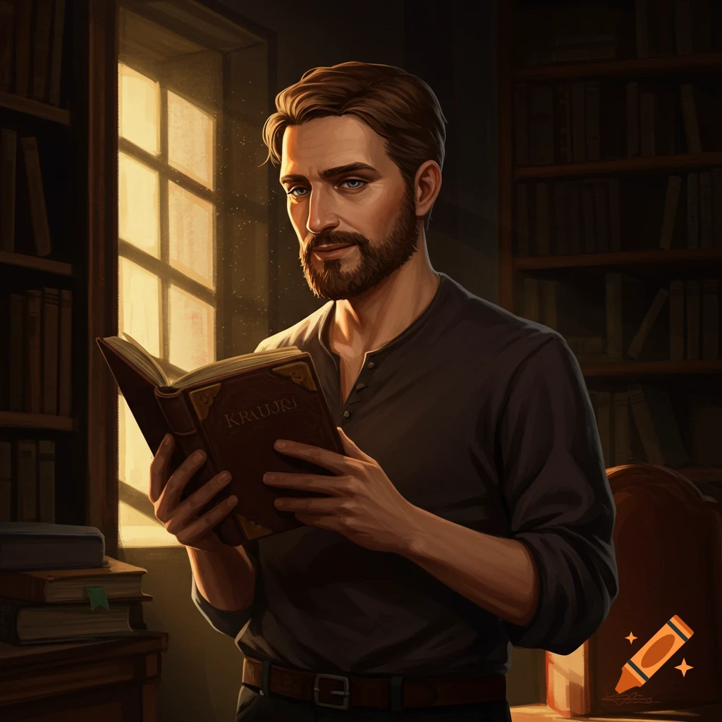 A man with a beard reads a book in a study