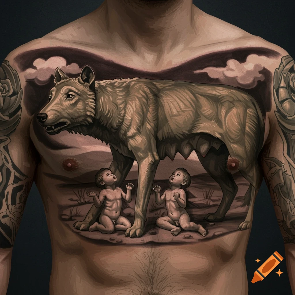Realistic chest tattoo depicting the myth of Romulus and Remus with the she-wolf.