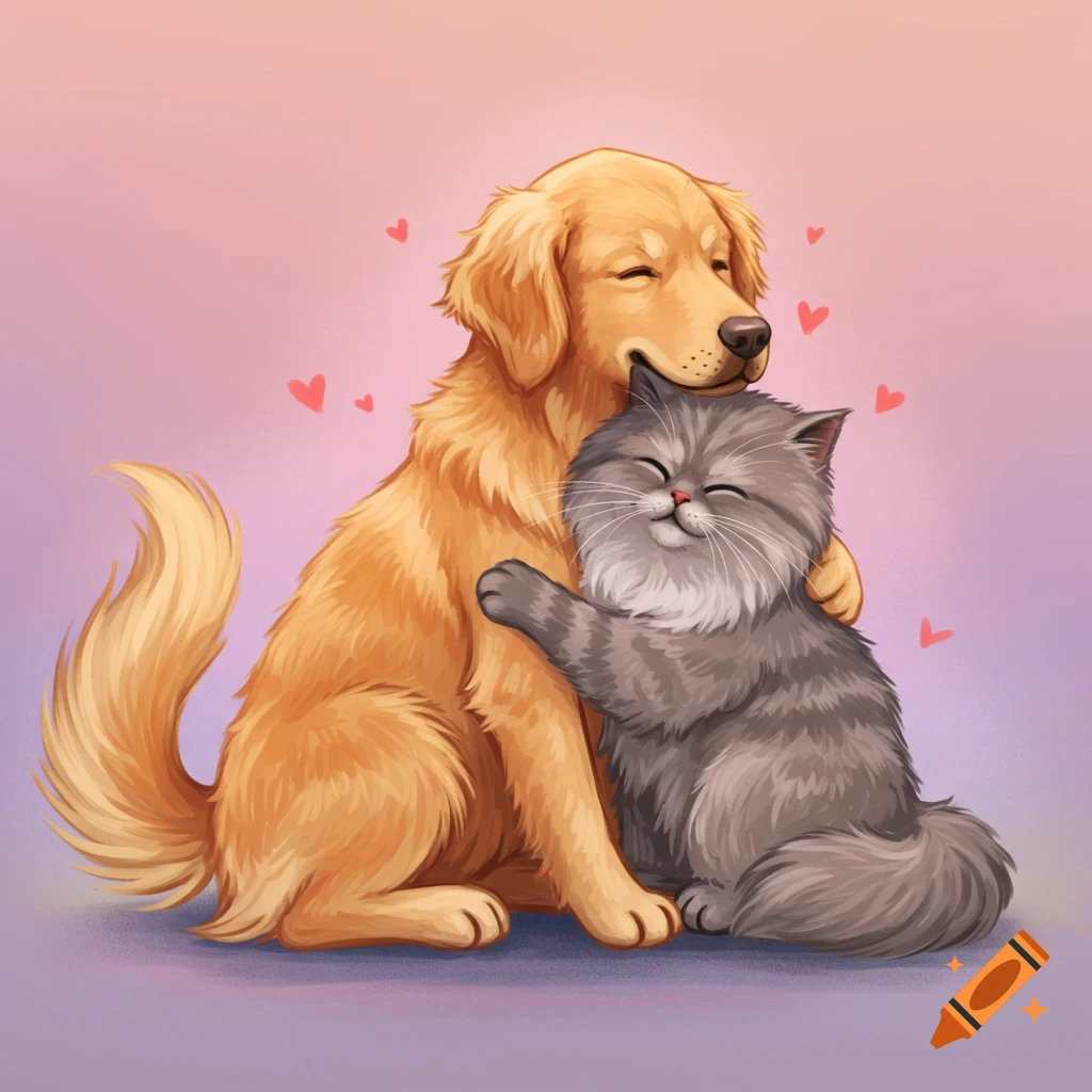 A golden retriever dog hugging a gray cat with hearts around them.