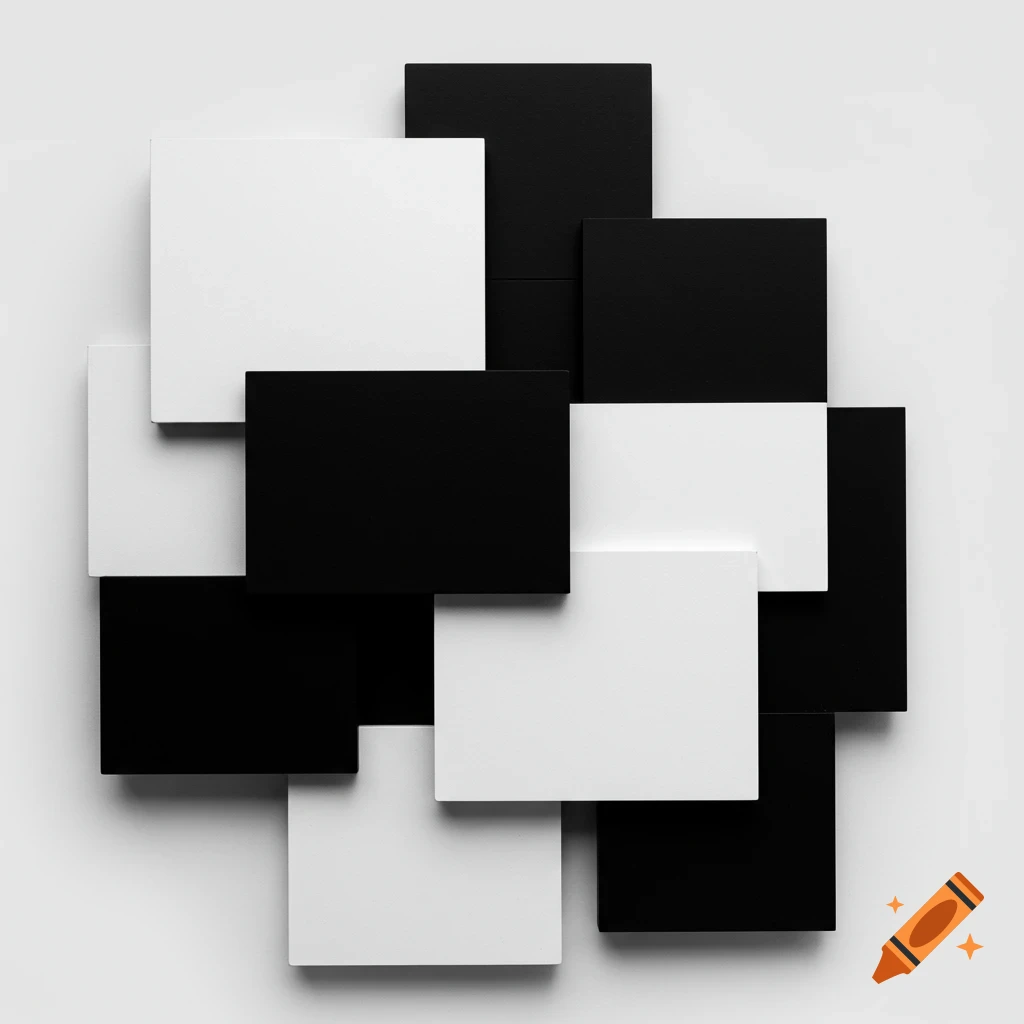 Abstract arrangement of overlapping black and white squares and rectangles