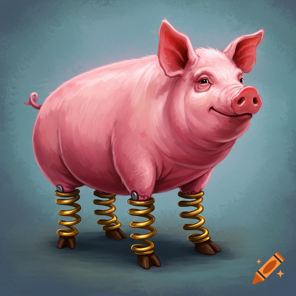 A pink pig standing on golden springs.