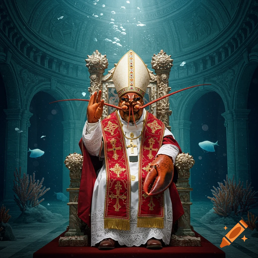 Photorealistic image of a lobster dressed as a pope sitting on a throne in an underwater cathedral.