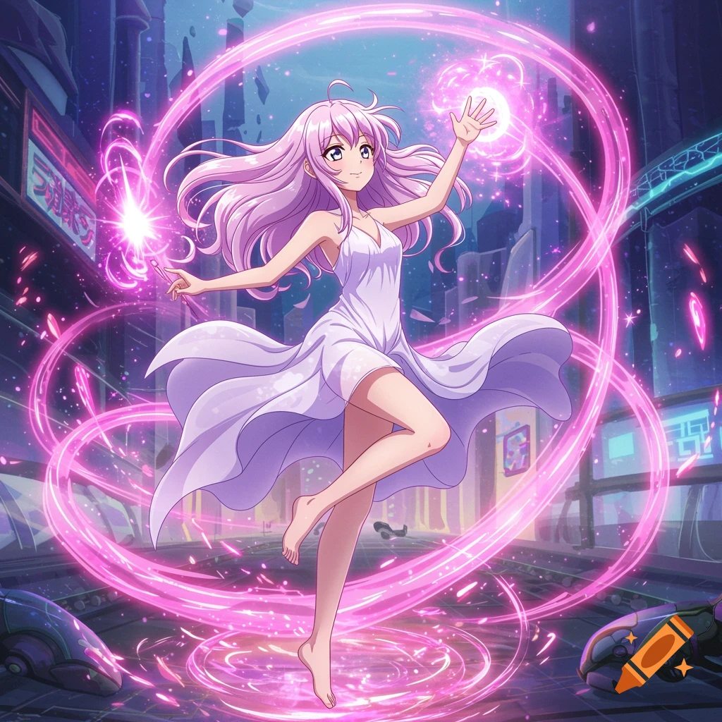 Anime illustration of a girl levitating in a futuristic city with pink energy.