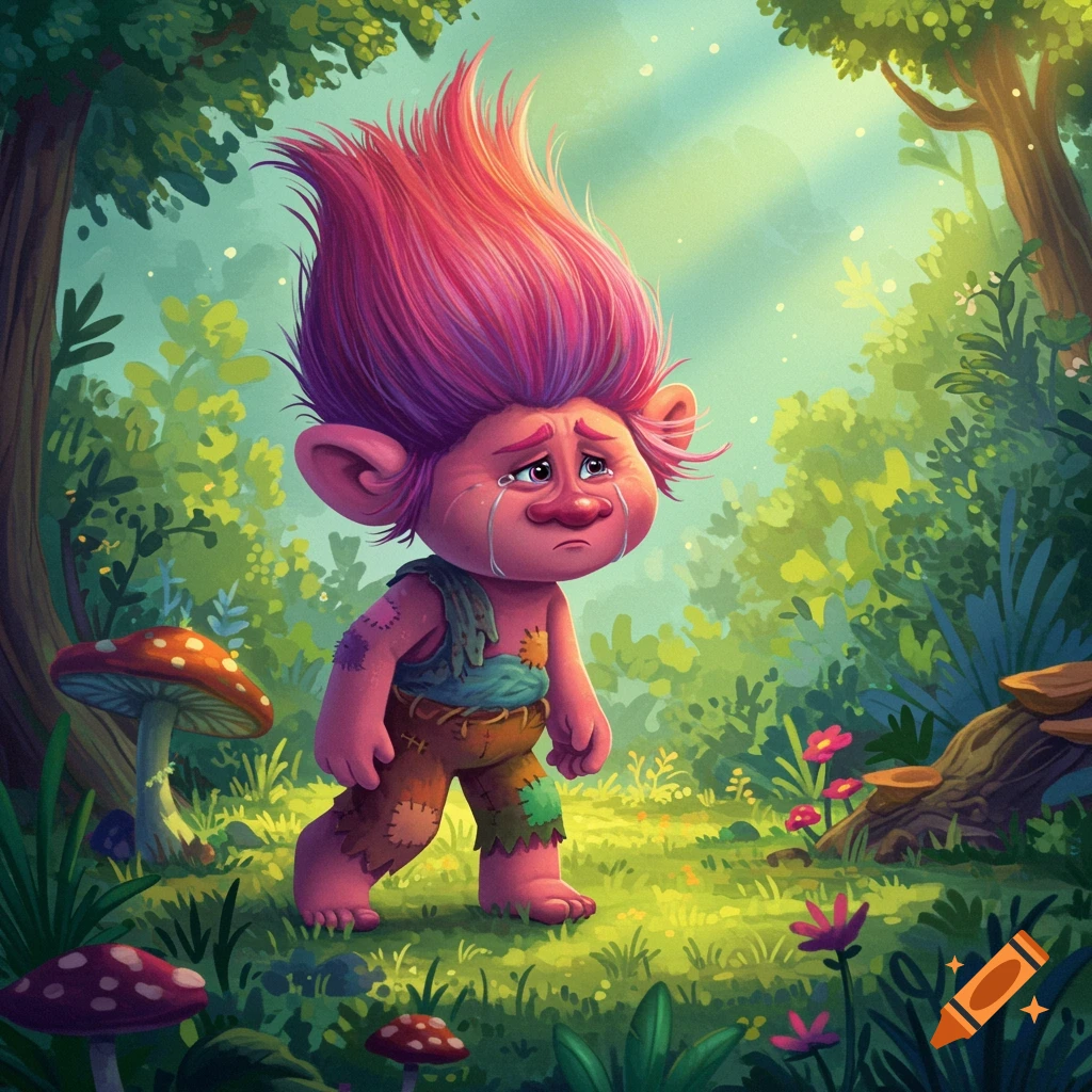 A sad troll with pink hair cries while walking through a vibrant fantasy forest with mushrooms.
