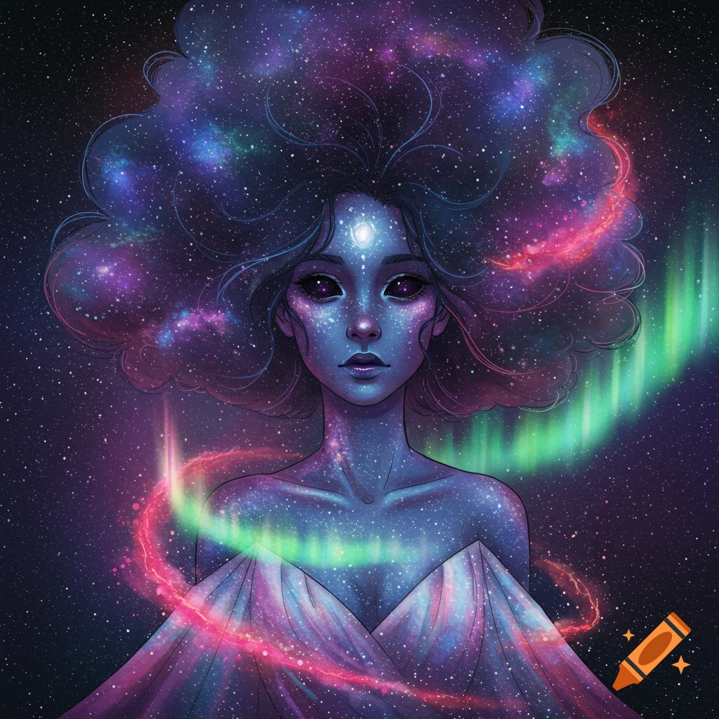 A girl with space for hair and skin, with auroras around her
