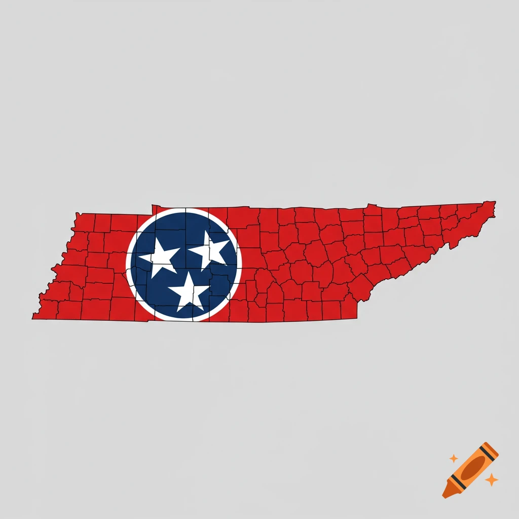 Outline map of the state of Tennessee filled with the design of the Tennessee state flag.
