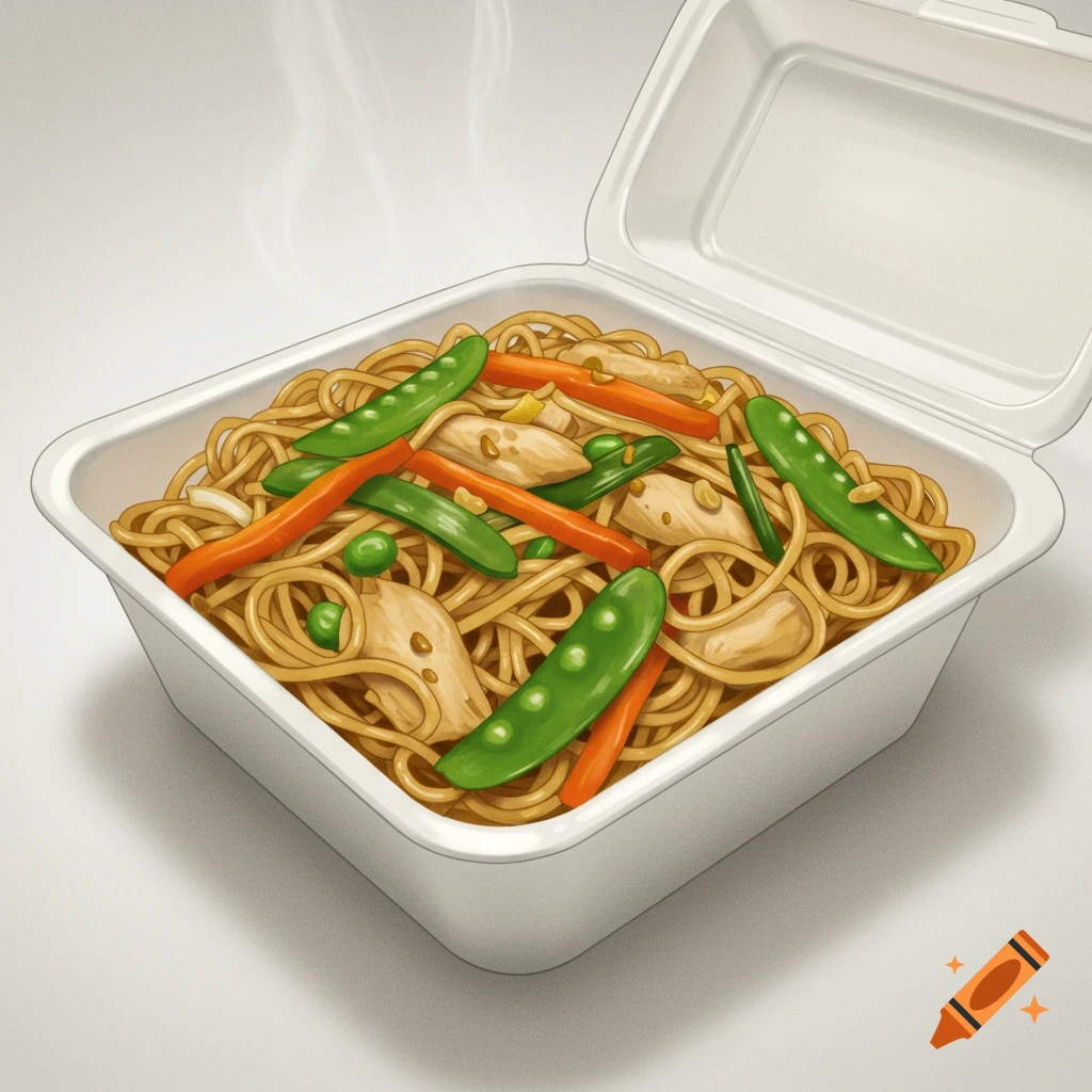 Pancit noodles with vegetables and meat in a white takeout container.
