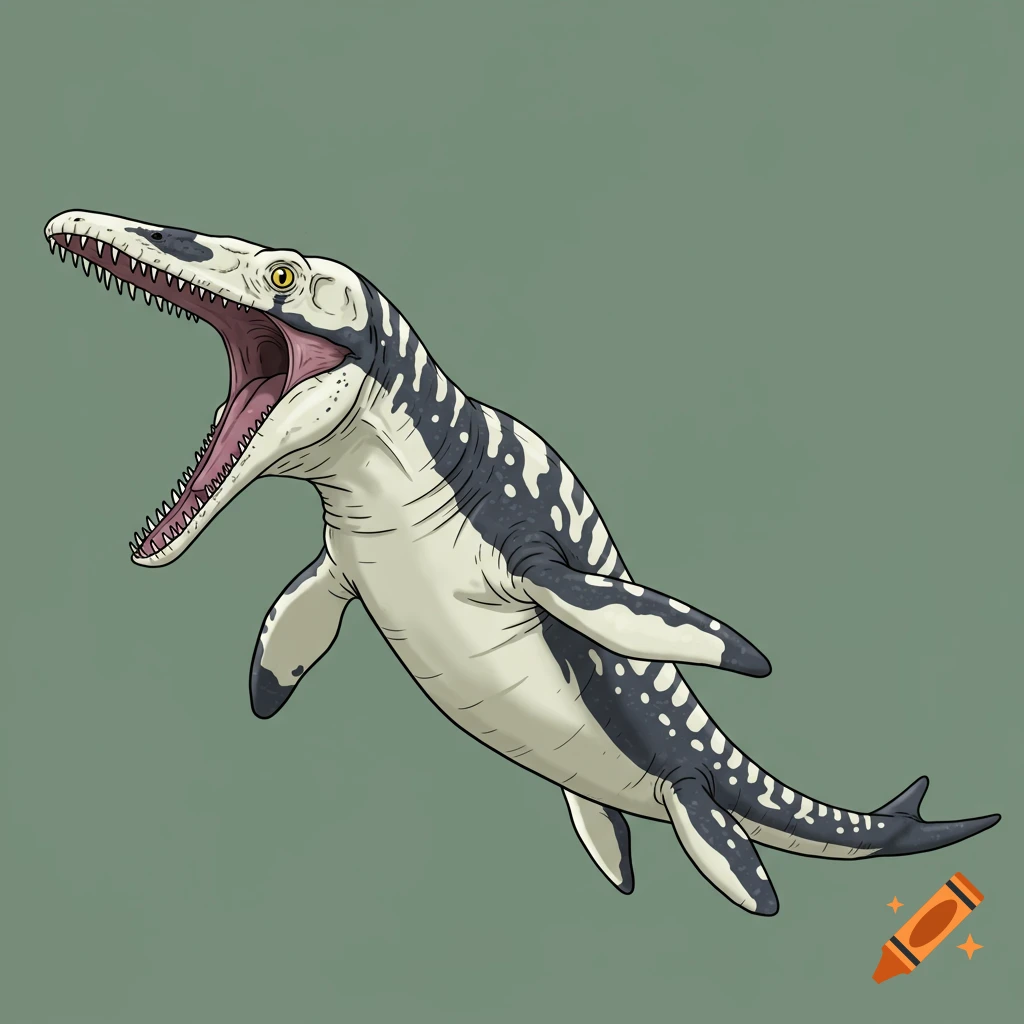 Illustration of a marine reptile (plesiosaur or mosasaur) with spotted markings, swimming with open mouth.
