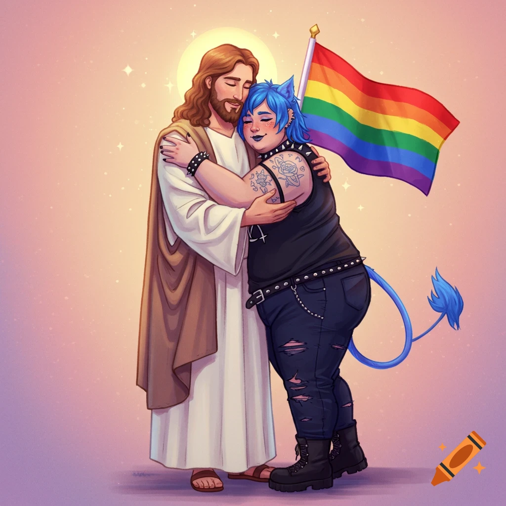 Jesus hugging a person with blue hair and tail, holding a pride flag.