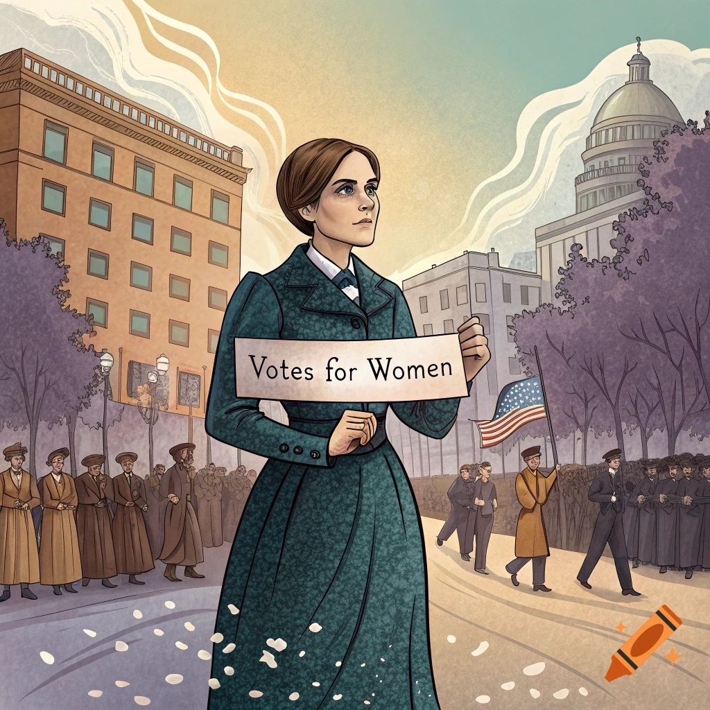 Illustration of a woman holding a 'Votes for Women' sign during the suffrage movement, with crowds and historical buildings.