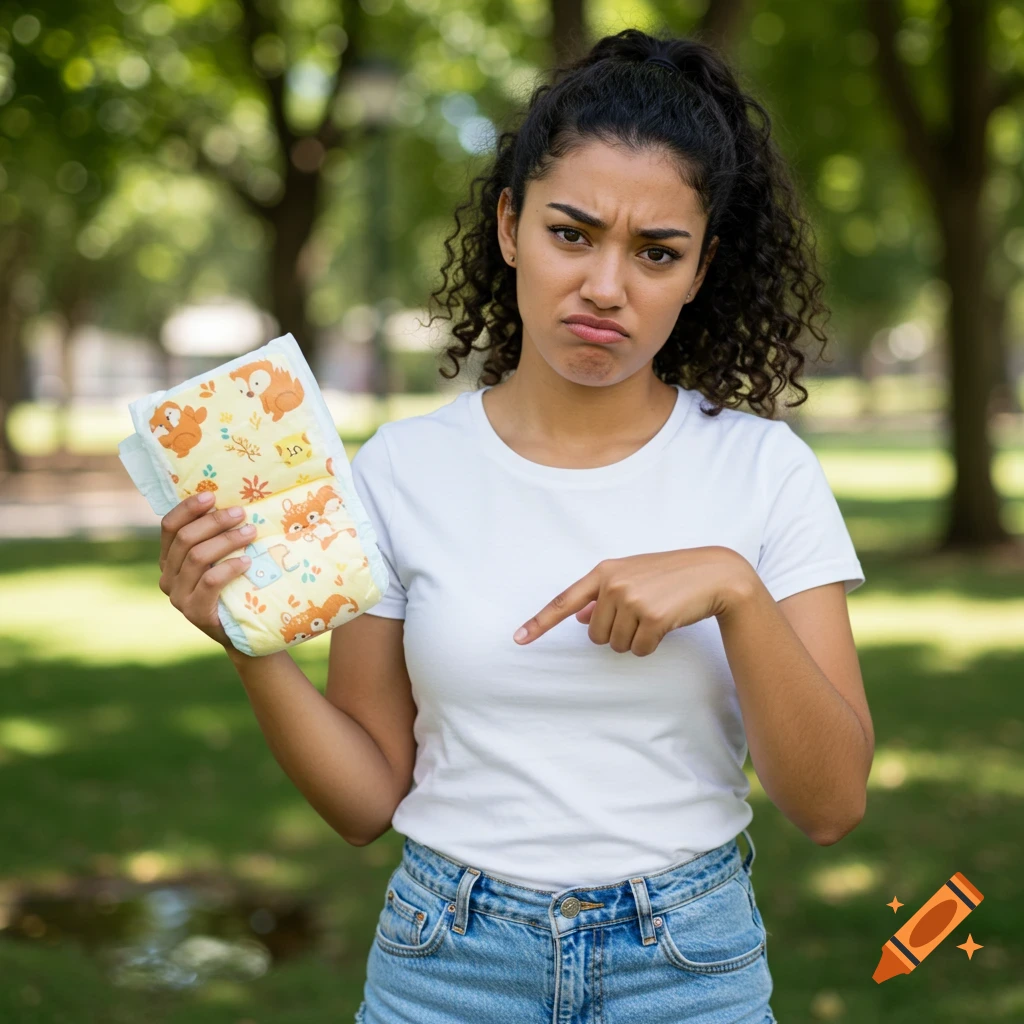 A young woman holding a diaper looks upset while pointing at the ground in a park.