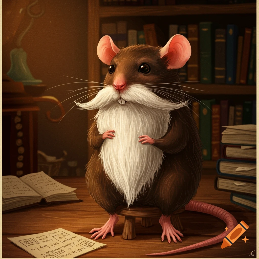 A rat with a long white beard sitting at a desk in a library.