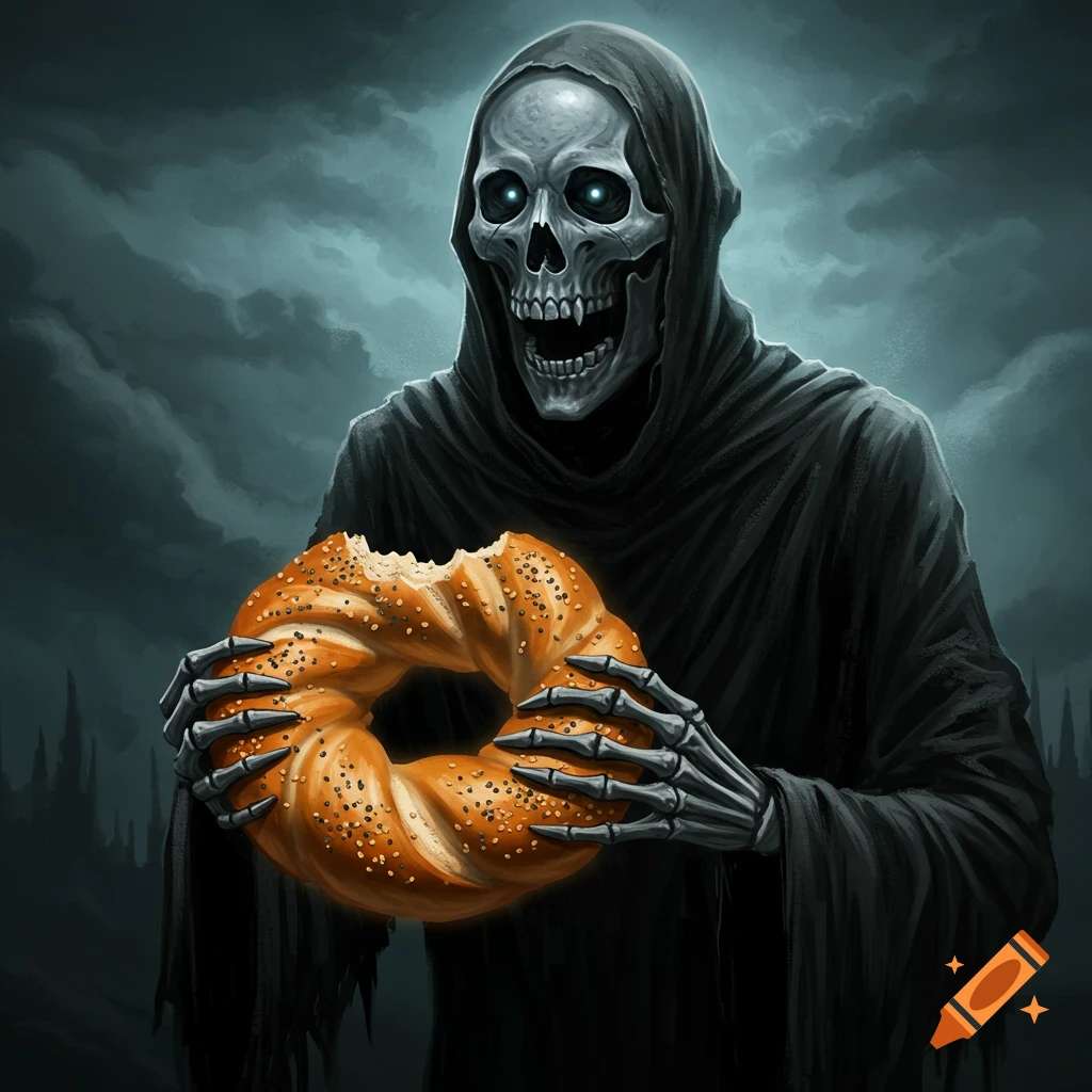 A skeleton in a black hood holds a partially eaten bagel against a dark sky background.