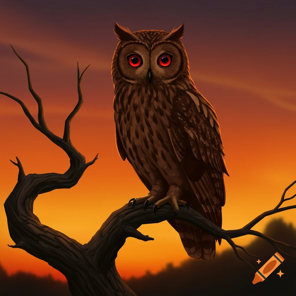 A red-eyed owl sits on a bare branch against an orange and purple sunset sky.