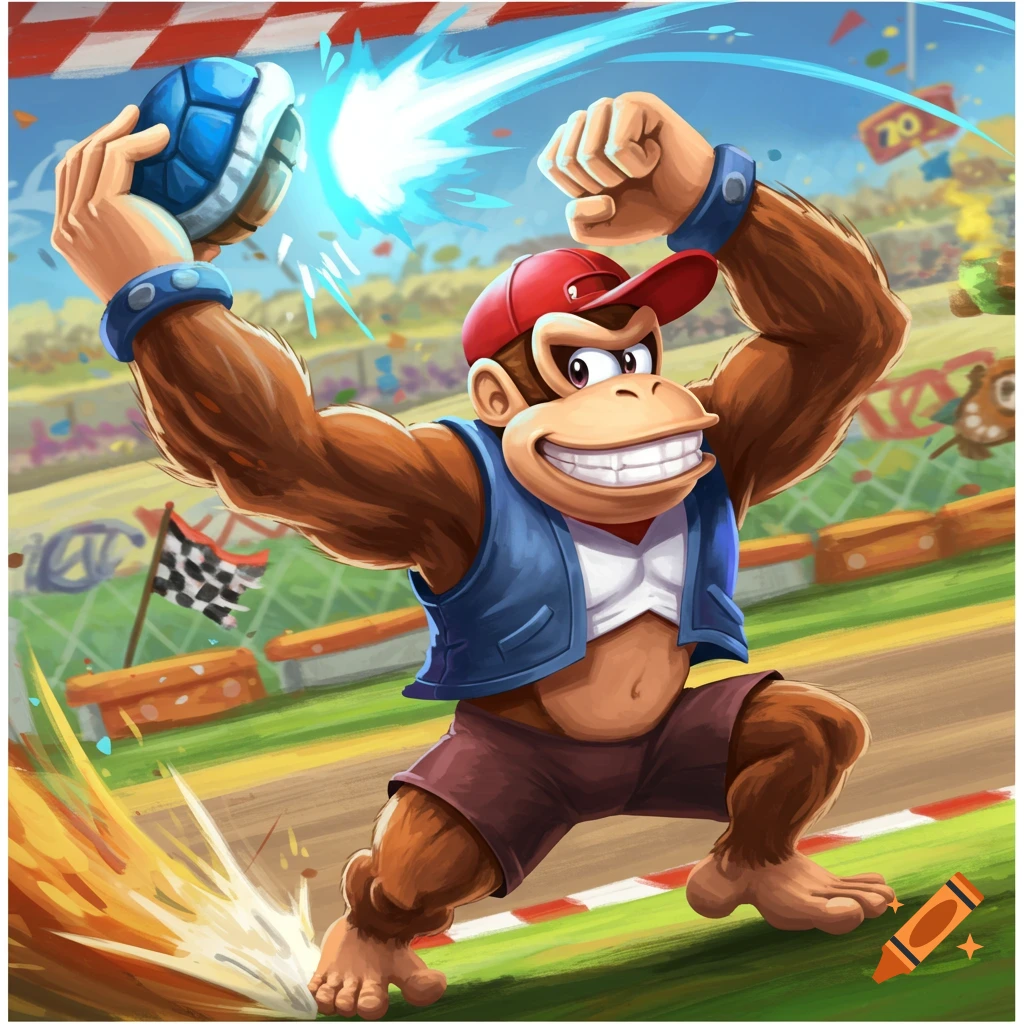 Funky Kong character throwing a glowing blue shell on a race track