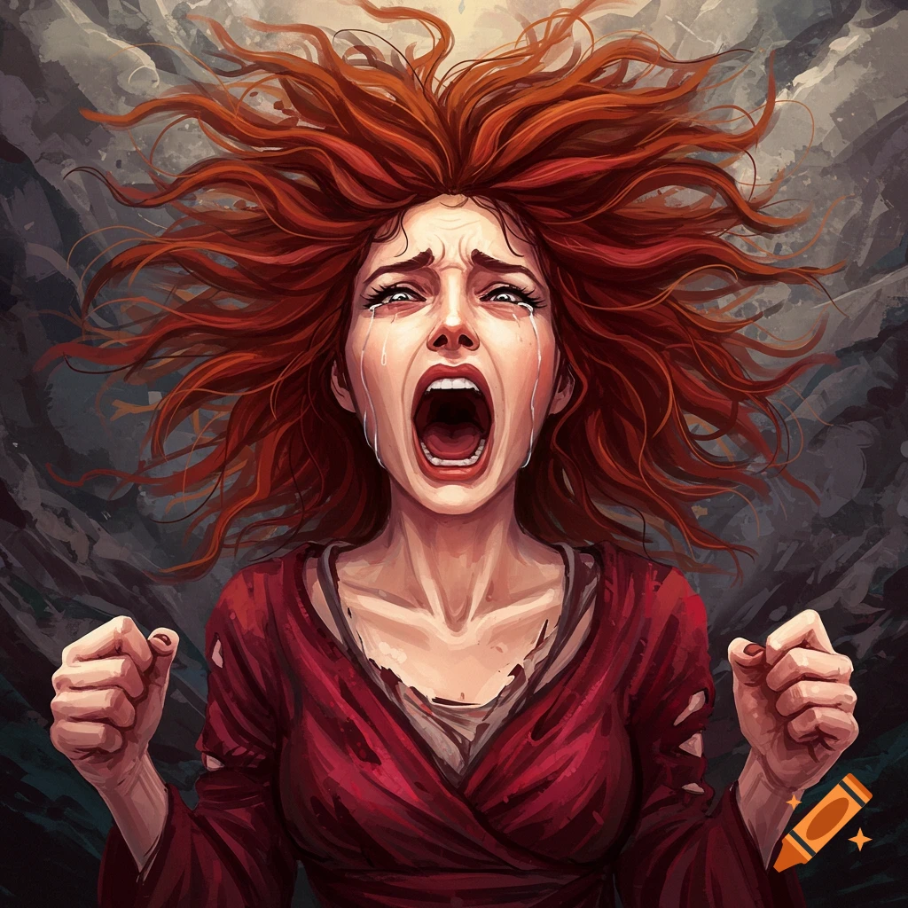 A red-haired woman is screaming hysterically with tears streaming down her face