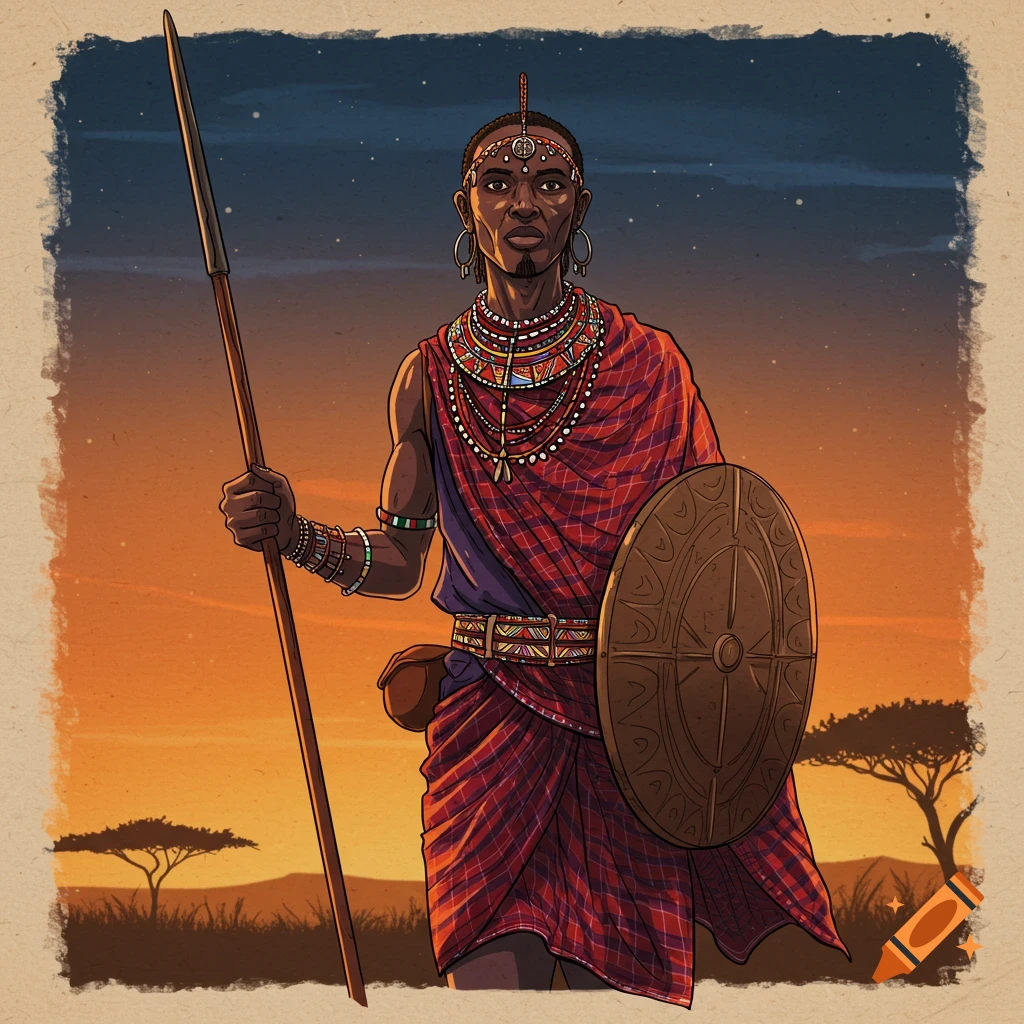 Illustration of a Maasai warrior with spear and shield at sunset in a savanna.