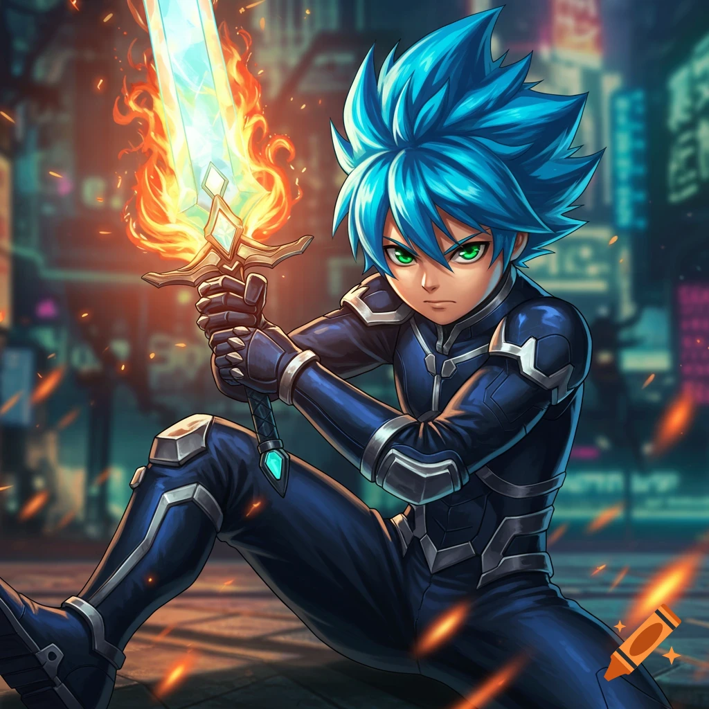 Anime boy with blue hair holding a flaming sword in a city street.