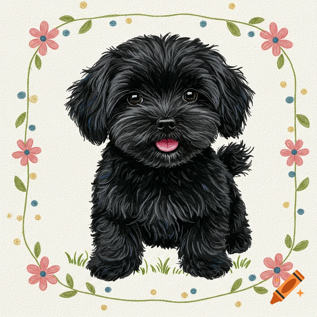 Digital illustration of a black maltipoo puppy sitting in a floral wreath frame.