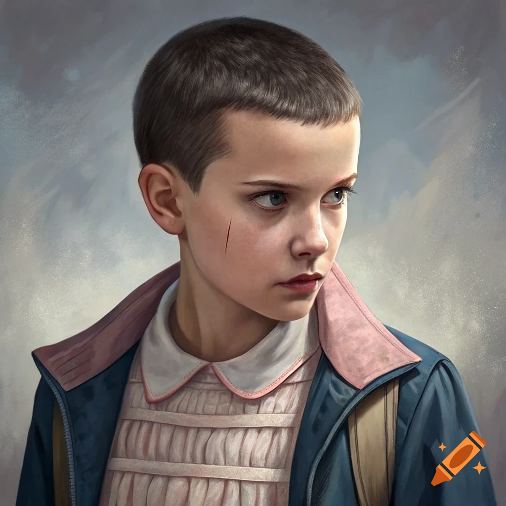 Detailed portrait of a young girl with a short haircut and a scar, looking intently to the side.