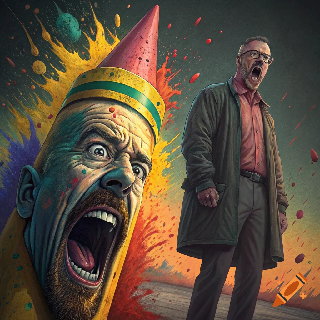 A surreal image of a screaming face styled like a crayon next to a man yelling, with colorful paint splatters.