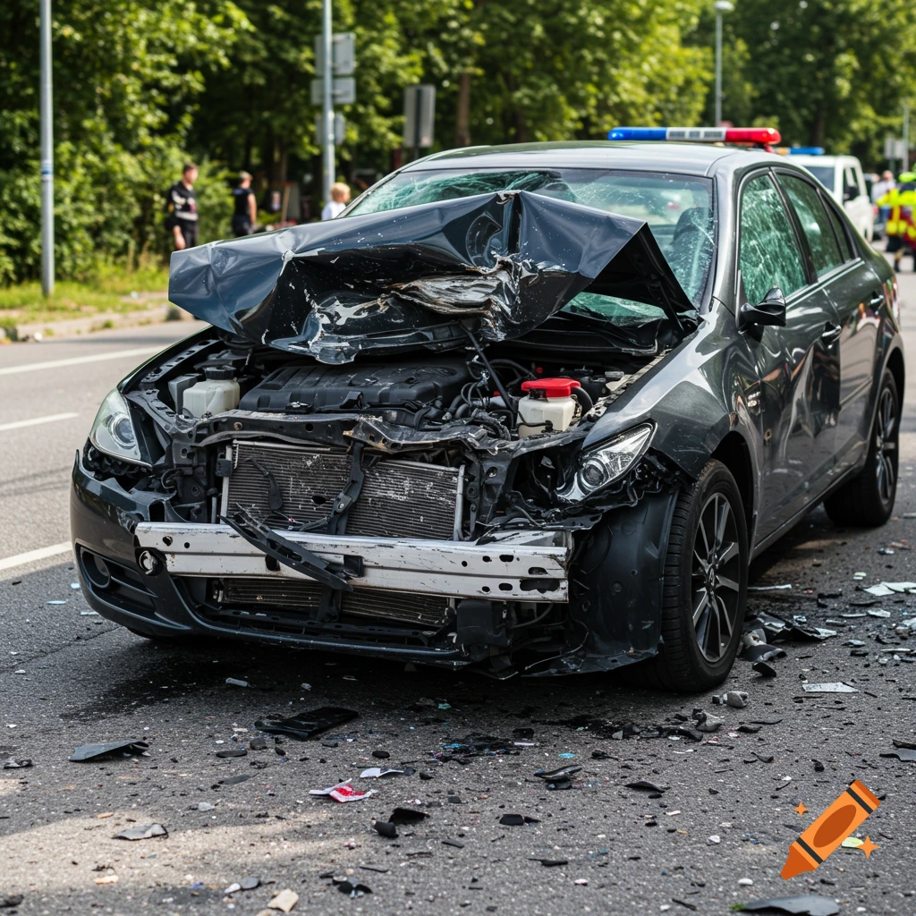 A heavily damaged car sits on a road after a car accident, with debris scattered on the asphalt.