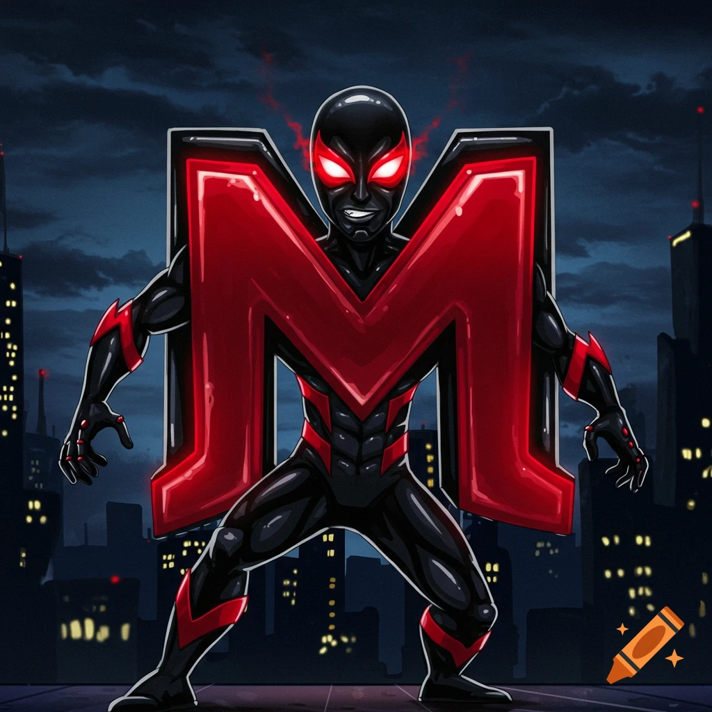 A superhero character in black and red with a giant M on their chest, standing in a city at night.