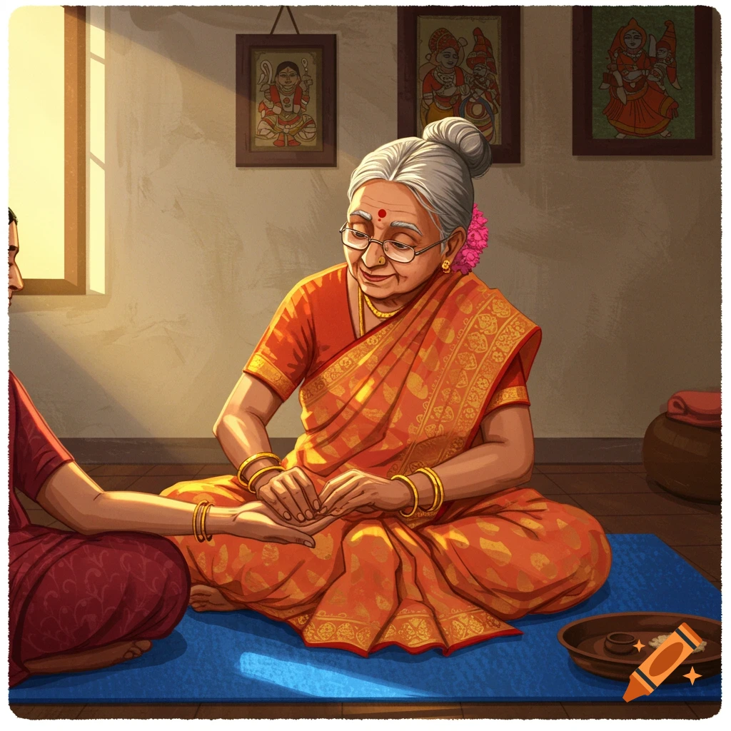 Painting of an older Indian woman holding the hand of a younger woman while sitting on a blue mat.