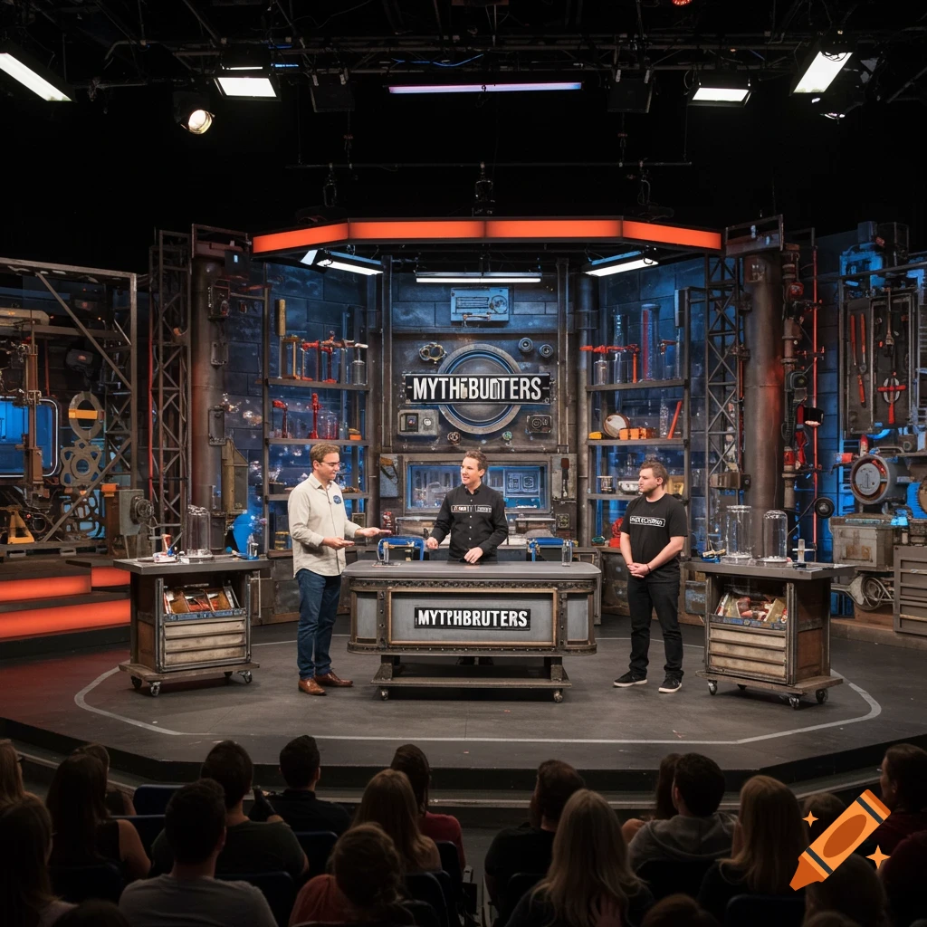 Three people stand on a stage set resembling a workshop, with MythBusters signs, in front of an audience.