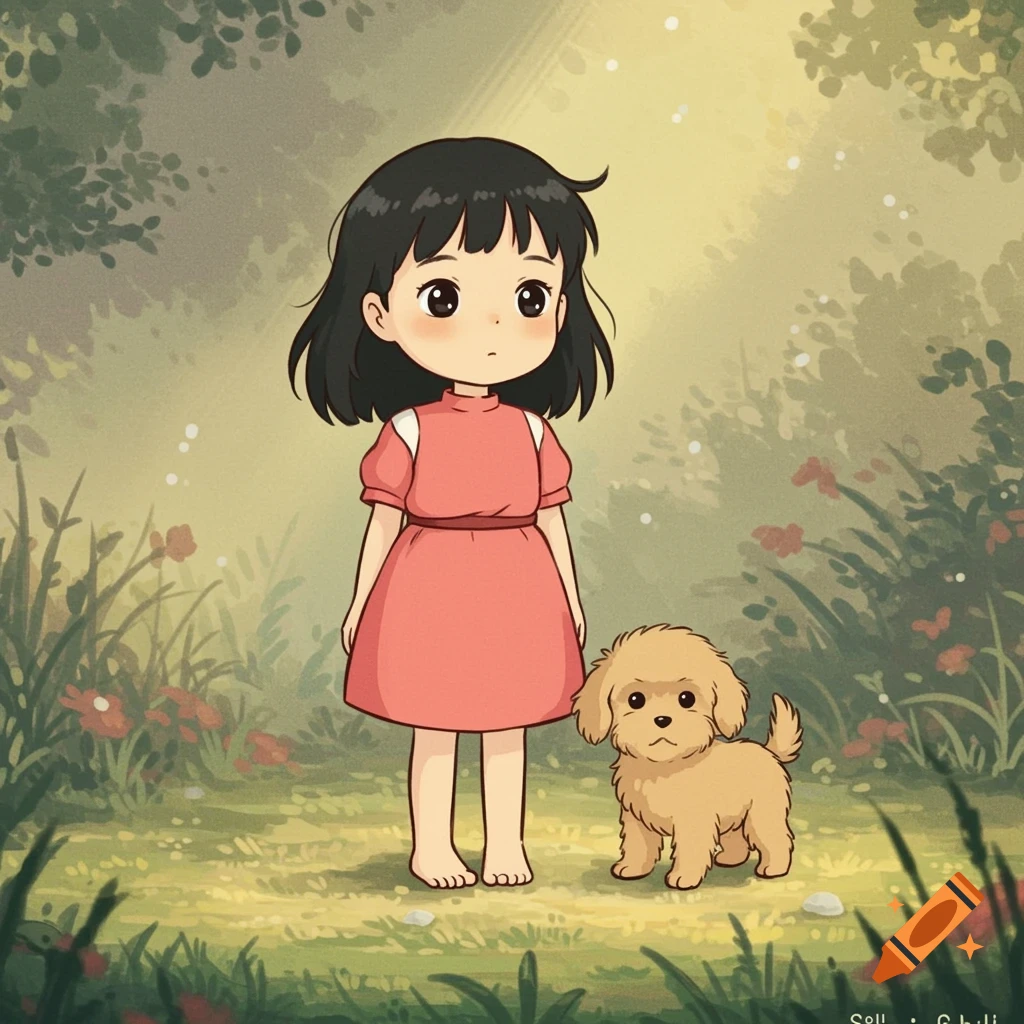 Ghibli-style illustration of a girl and a puppy in a forest.