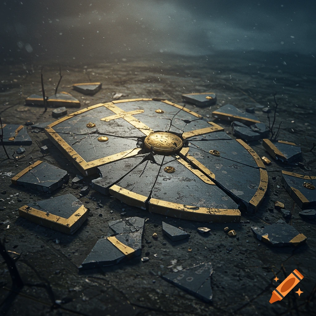 A broken, ornate golden and dark metal shield lies shattered on the ground.