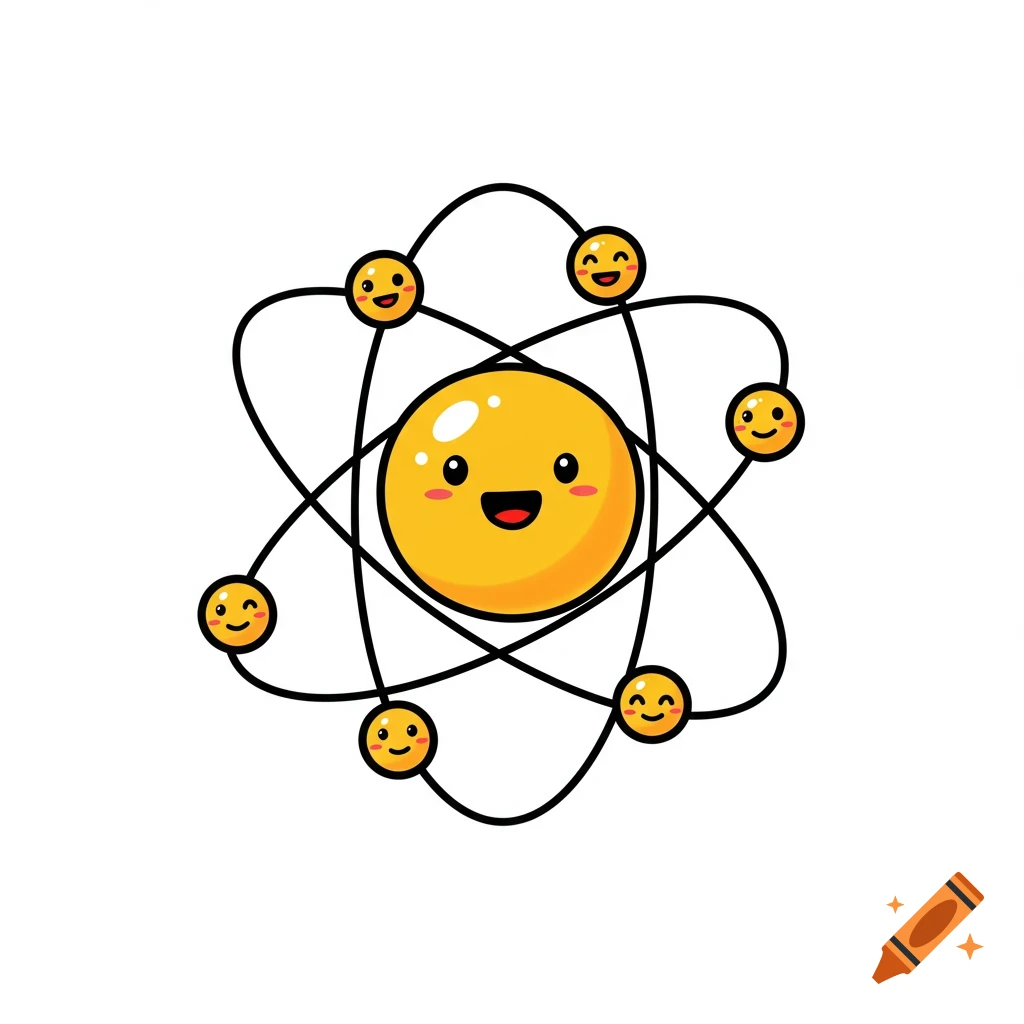 A cartoon atom with a smiling nucleus and smiling electrons orbiting it.