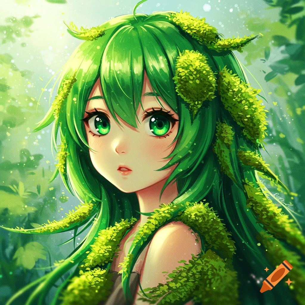 An anime girl with green hair and moss in a forest.