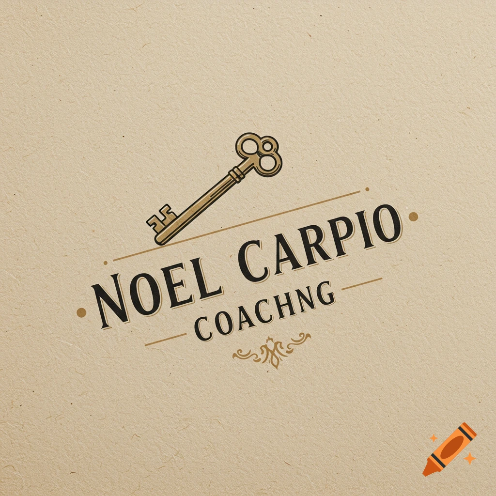 Vintage style logo with a key and text 'Noel Carpio COACHNG' on a textured background.