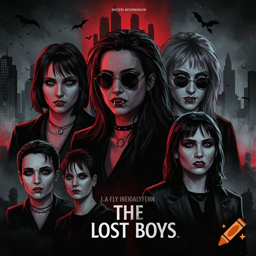A group of female vampires in gothic style, like a movie poster for 'The Lost Boys' with a city background.