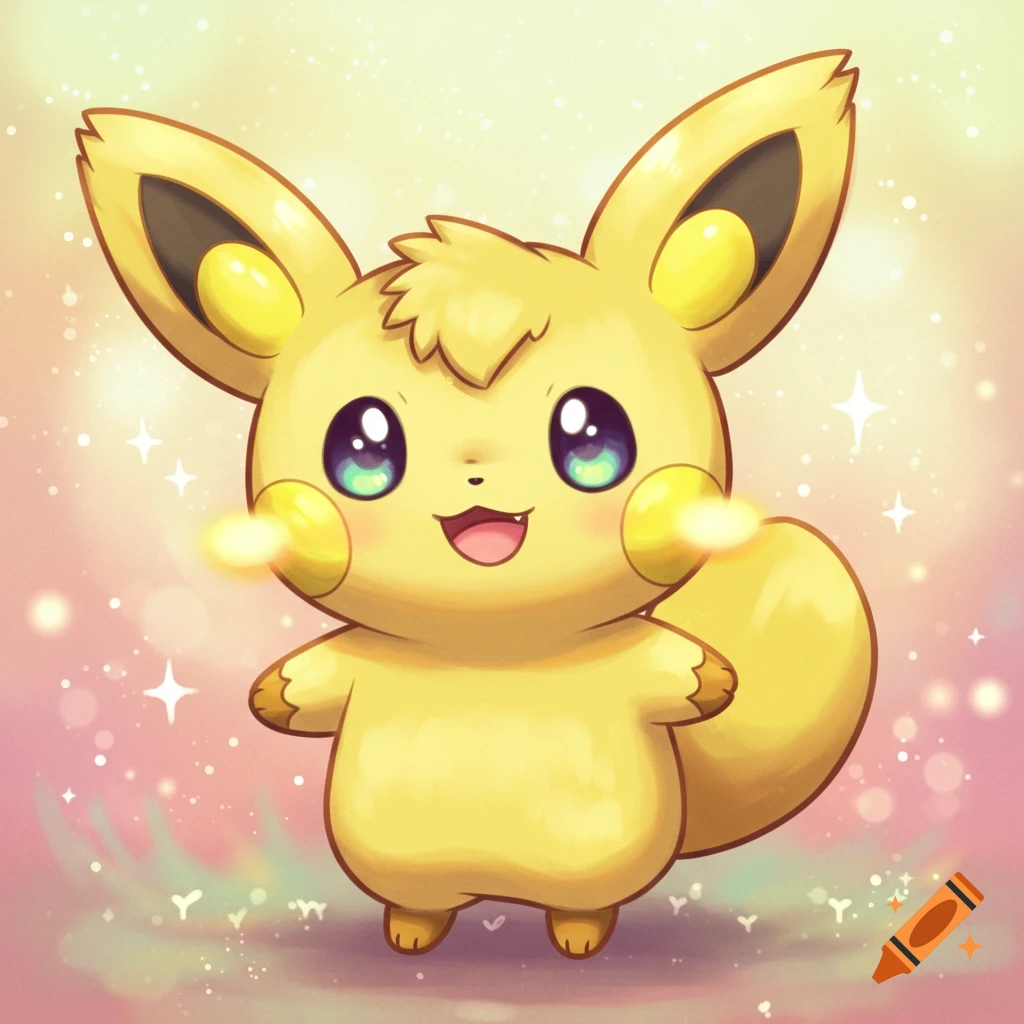 A cute yellow anime chibi character resembling a Pawmi Pokemon with big eyes and rosy cheeks stands in a sparkly background.